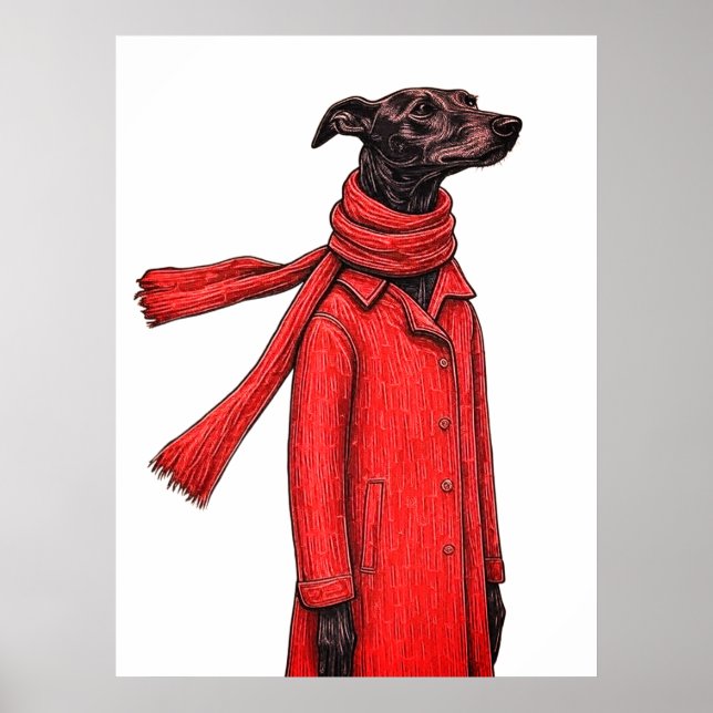 Stylised Greyhound Drawing with Red Vintage Coat Poster (Front)