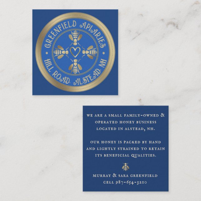 Stylised Honeybee Design Royal Blue with Gold Square Business Card (Front/Back)