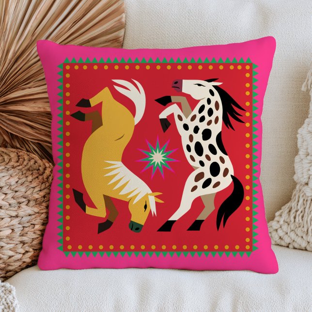 Stylised Horses on Red Modern Bold Maximalist  Cushion (Creator Uploaded)