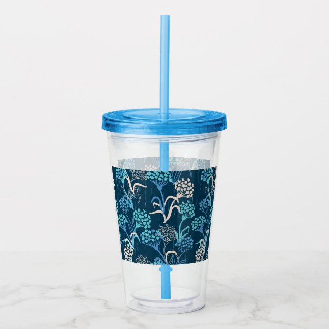 Stylised Hydrangea Floral Pattern - Elegant Blue Acrylic Tumbler (Front)