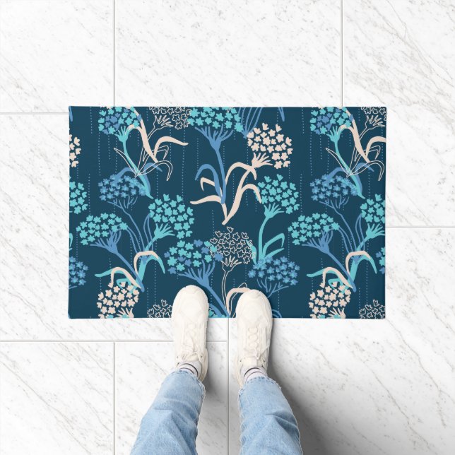 Stylised Hydrangea Floral Pattern - Elegant Blue Doormat (Indoor)
