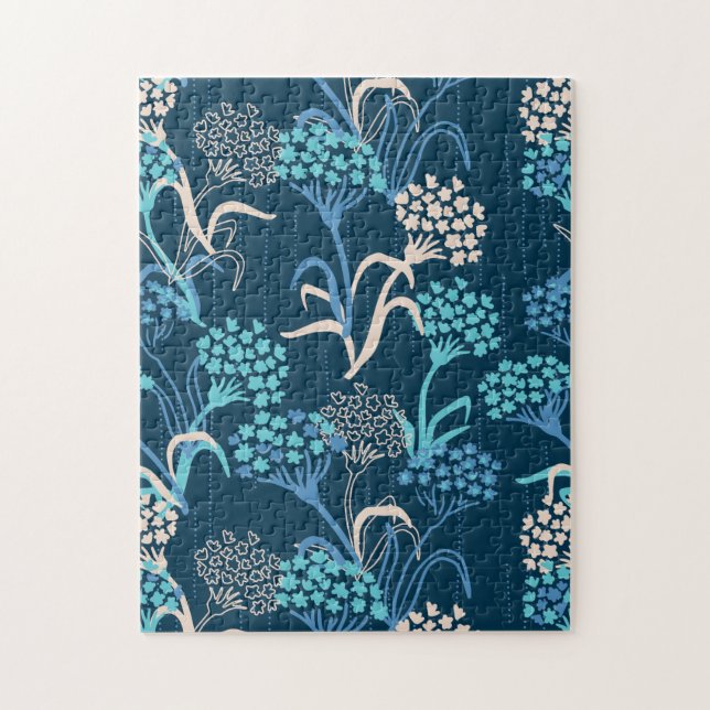 Stylised Hydrangea Floral Pattern - Elegant Blue Jigsaw Puzzle (Vertical)