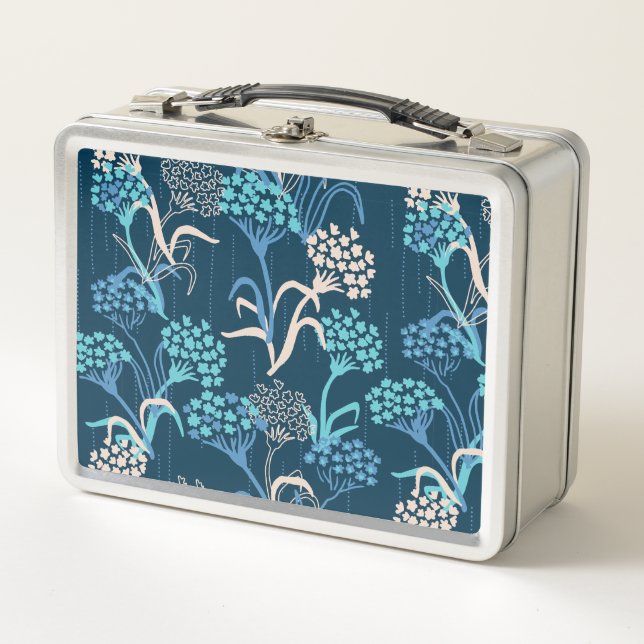 Stylised Hydrangea Floral Pattern - Elegant Blue Metal Lunch Box (Front)