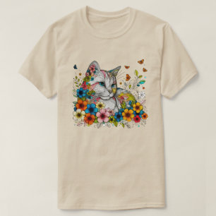 Stylised Illustration of Cat Flowers Butterflies T-Shirt