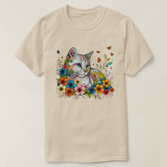 Stylised Illustration of Cat Flowers Butterflies T-Shirt (Design Front)