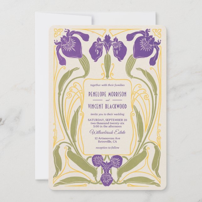Stylised Iris Art Nouveau Wedding Invitation (Front)