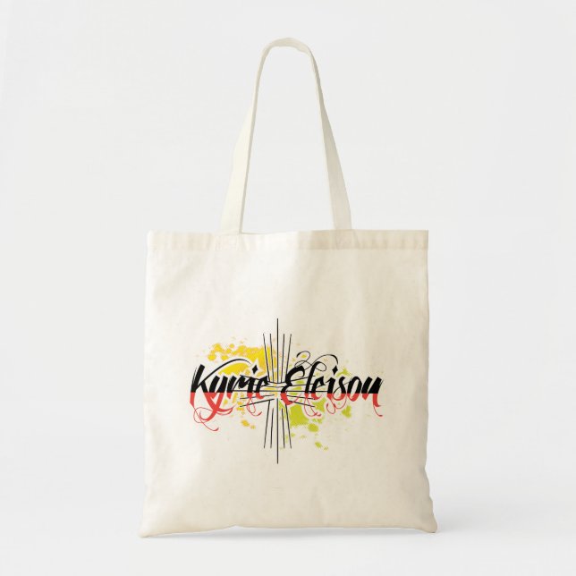 Stylised Kyrie Eleison Religious Phrase with Cross Tote Bag (Front)