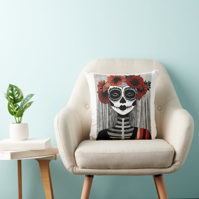 Stylised La Catrina Pillow: Black, Red, and White  Cushion (Chair)