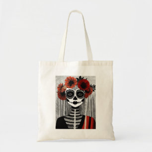 Stylised La Catrina Tote Bag in Red, Black & White