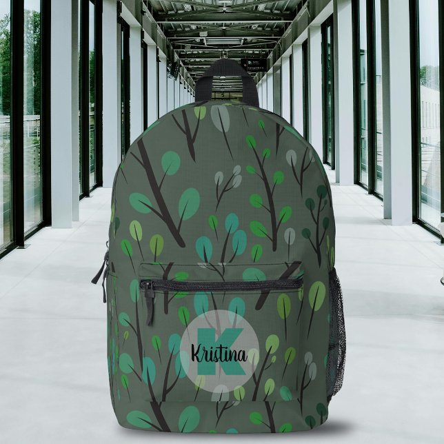 Stylised Leaves Pattern on Grey Name and Monogram Printed Backpack (Creator Uploaded)