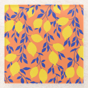 Stylised Lemons Vintage Tropical Pattern Glass Coaster