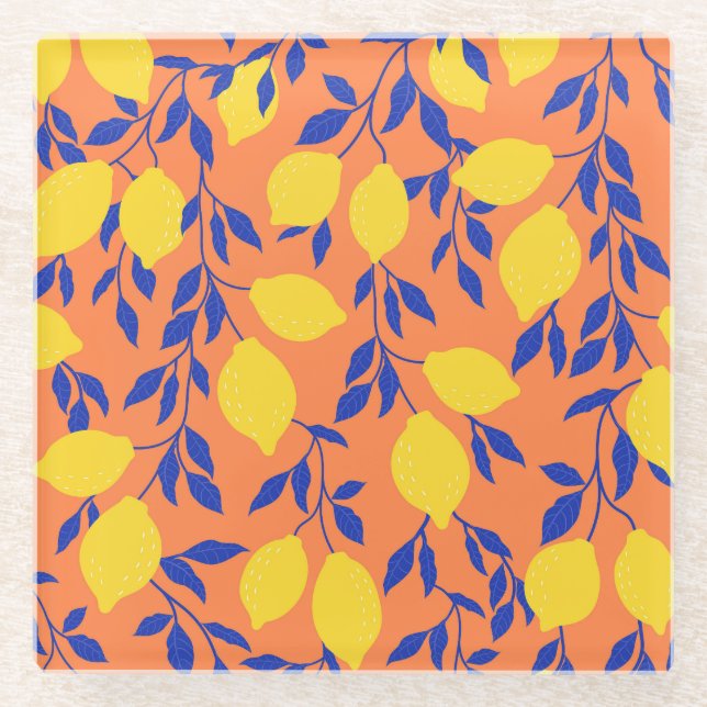 Stylised Lemons Vintage Tropical Pattern Glass Coaster (Front)