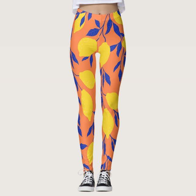 Stylised Lemons Vintage Tropical Pattern Leggings (Front)