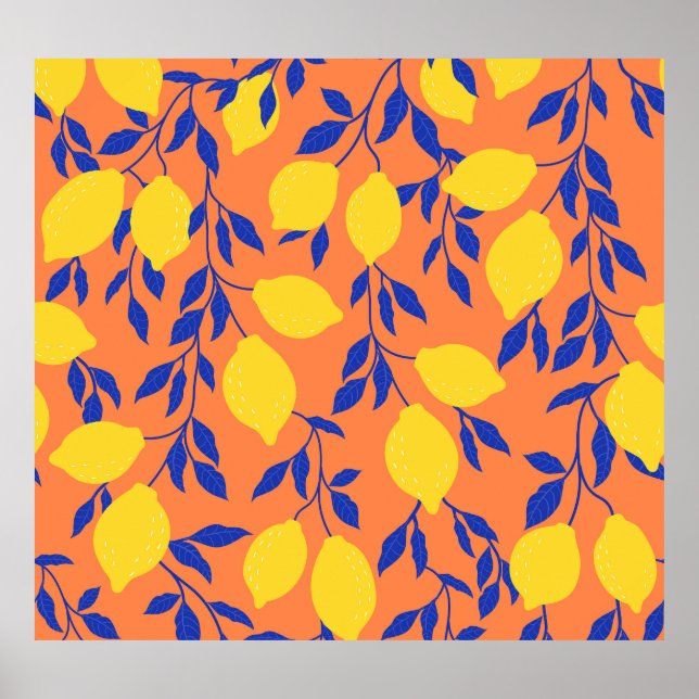 Stylised Lemons Vintage Tropical Pattern Poster (Front)