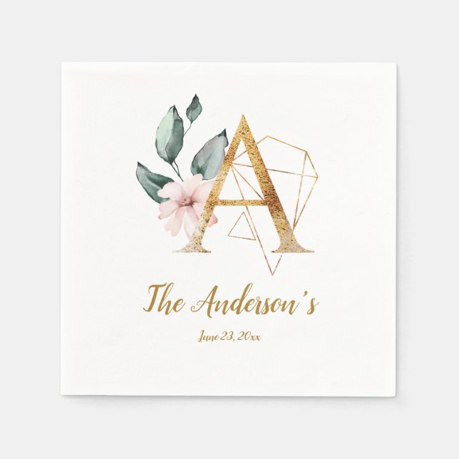 Stylised Letter A Floral Wedding Napkins (Front)