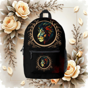 Stylised Lion Head Portrait in Mandala Frame  Printed Backpack