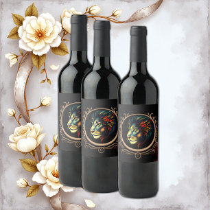 Stylised Lion Head Portrait in Mandala Frame  Wine Label