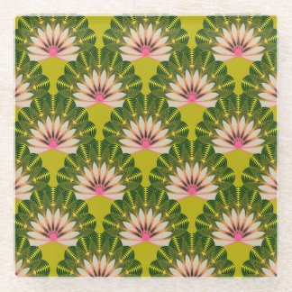 Stylised lotus wallpaper: pink, green. glass coaster