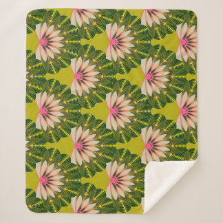 Stylised lotus wallpaper: pink, green. sherpa blanket