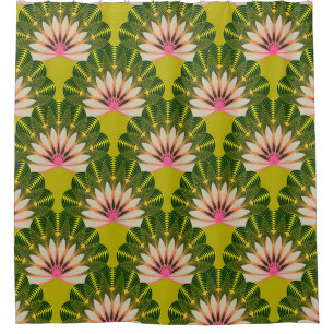 Stylised lotus wallpaper: pink, green. shower curtain