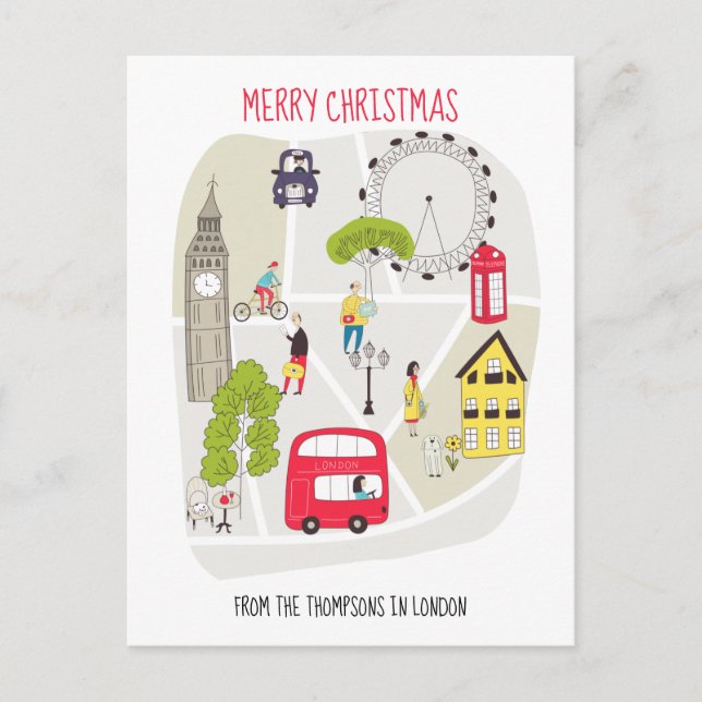 Stylised Map Merry Christmas Name from London Holiday Postcard (Front)