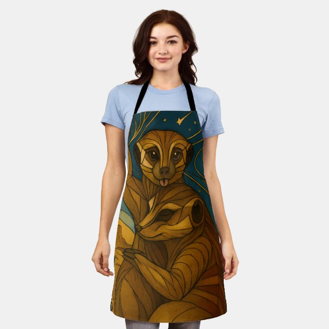 Stylised Meerkat Pair Under Starry Sky Apron (Worn)