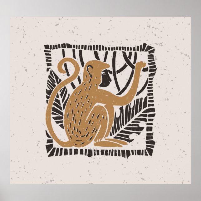 Stylised Monkey Linocut Illustration Poster (Front)