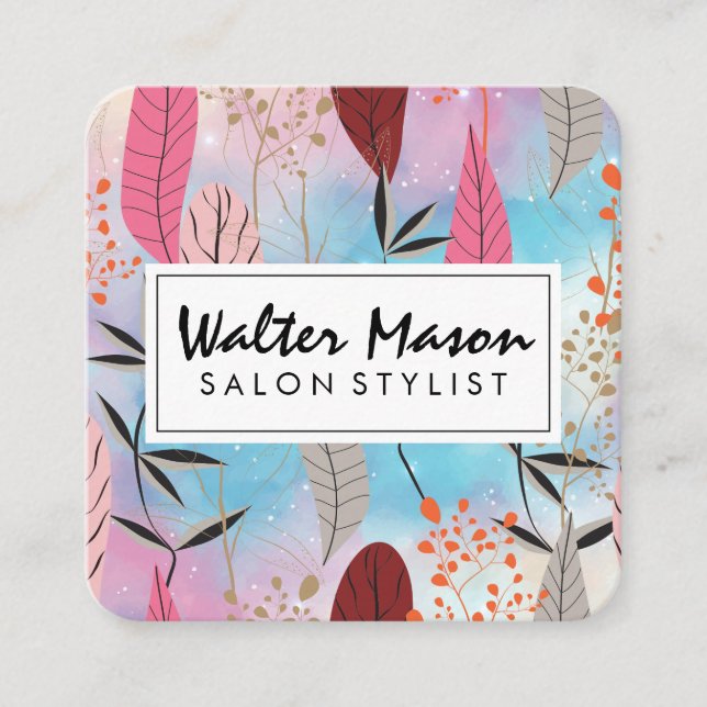 Stylised Natural Plant Pattern Square Business Card (Front)