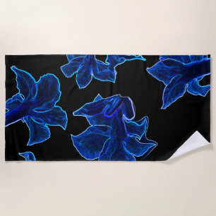 Stylised Neon Blue Flowers Floral Beach Towel