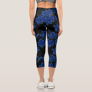 Stylised Neon Blue Flowers Floral Capri Leggings