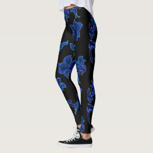 Stylised Neon Blue Flowers Floral Leggings