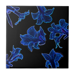 Stylised Neon Blue Flowers Floral Tile