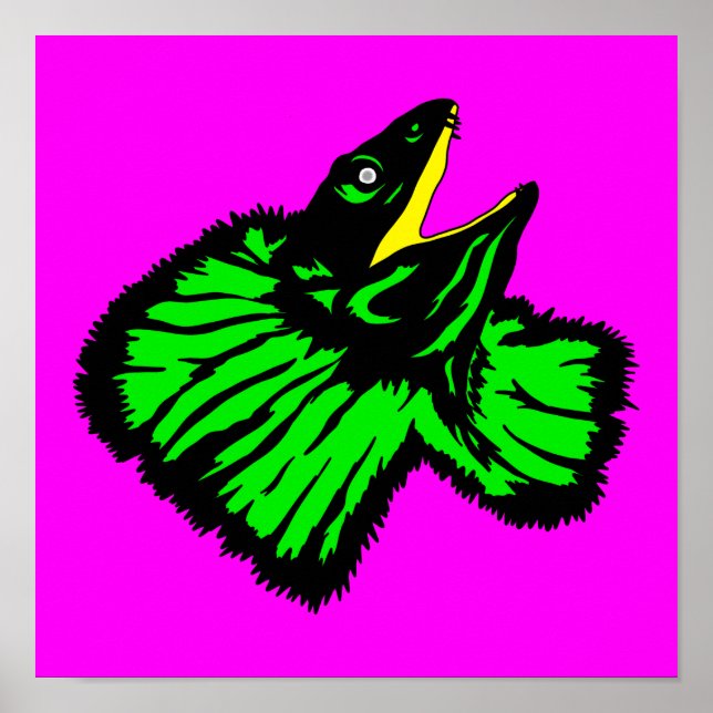 Stylised Neon Green Frilled-neck Lizard Poster (Front)