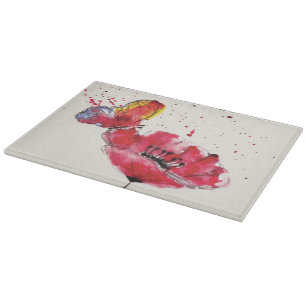 Stylised painted watercolor poppy flower cutting board