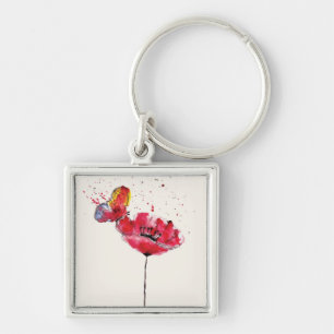 Stylised painted watercolor poppy flower key ring