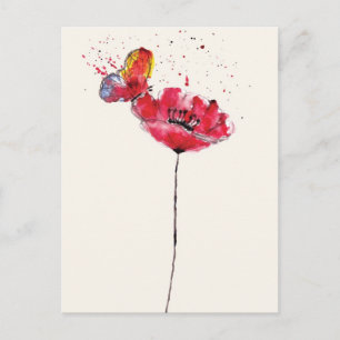 Stylised painted watercolor poppy flower postcard