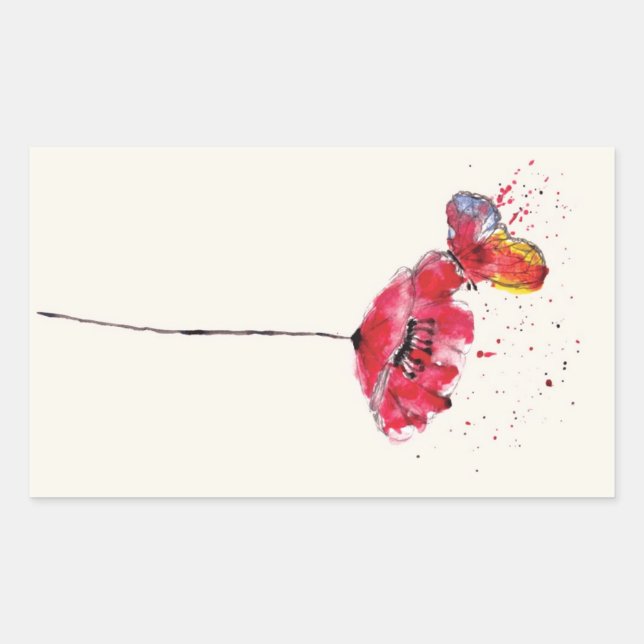 Stylised painted watercolor poppy flower rectangular sticker (Front)