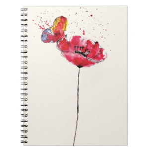 Stylised painted watercolor poppy flower spiral notebook