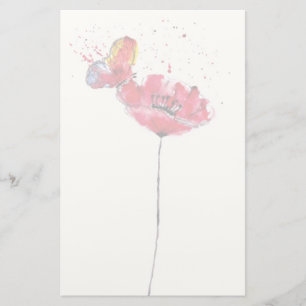 Stylised painted watercolor poppy flower stationery