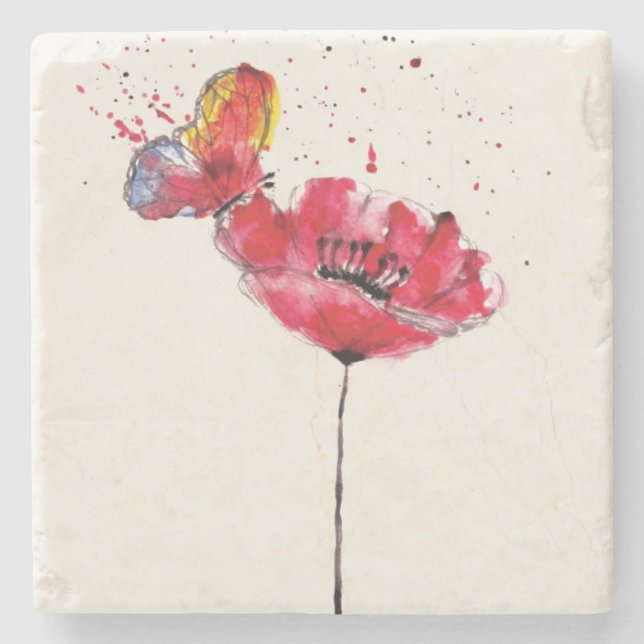 Stylised painted watercolor poppy flower stone coaster (Front)