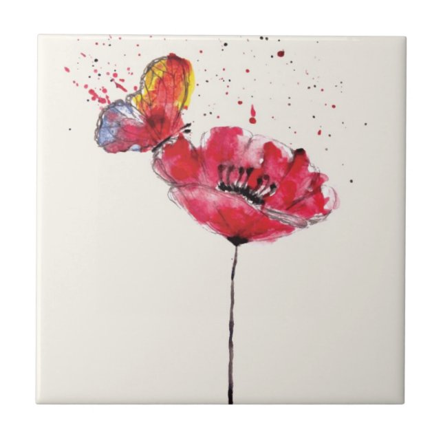 Stylised painted watercolor poppy flower tile (Front)
