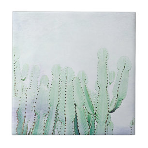 Stylised Pale Green Cactus Plants Pattern Tile