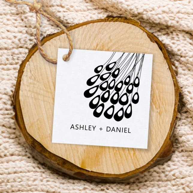 Stylised Peacock Feather Modern Wedding Square Favour Tags (Creator Uploaded)