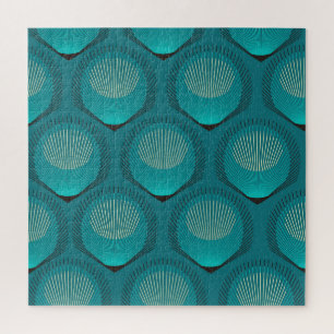 Stylised Peacock Feathers Blue Tile Jigsaw Puzzle