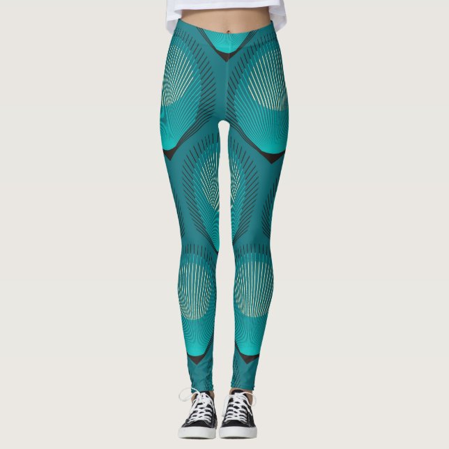 Stylised Peacock Feathers Blue Tile Leggings (Front)