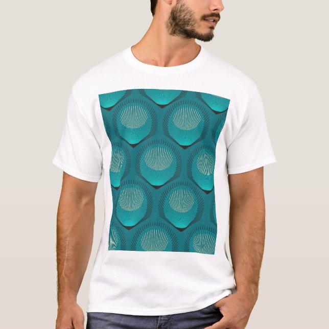 Stylised Peacock Feathers Blue Tile T-Shirt (Front)