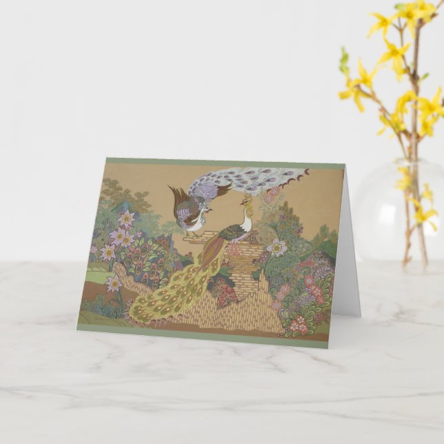 Stylised Peacocks in Flower Garden Card (Yellow Flower)