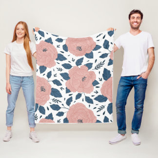 stylised pink roses with dark blue leaves fleece blanket