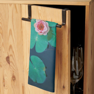 Stylised Pink Water Lily Flowers Plants Pond Tea Towel