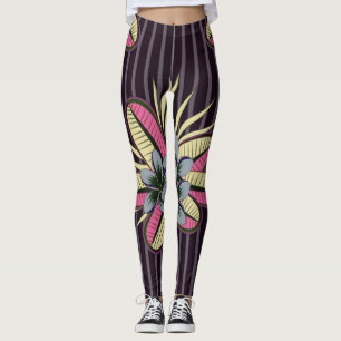 Stylised Plumeria Flowers Leaves Violet Grey Leggings